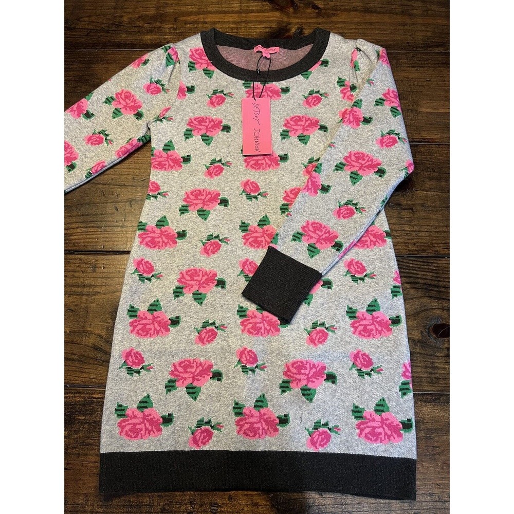 Betsey Johnson Gray Sweater Dress with Pink Rose Print and Black Trim